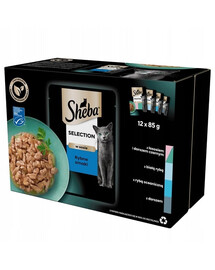 SHEBA Selection Fish 4 x 12x85 g drėgnas visavertis pašaras suaugusioms katėms su lašiša ir juodąja menke, baltąja žuvimi, vandenyno žuvimi, menke