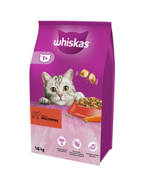 WHISKAS Adult 14 kg sausas maistas su skania jautiena + WHISKAS Adult 12 x 400 g šlapias maistas su jautiena padaže
