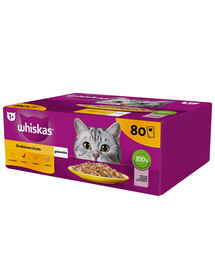 WHISKAS Adult 80x85g Paukštiena Feast – visavertis šlapias maistas suaugusiems katėms želatinos konsistencijos su vištienos, antienos, paukštienos ir kalakutienos gabaliukais.