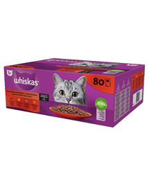 WHISKAS Adult 80x85g "Classic Meals" drėgnas visavertis pašaras suaugusioms katėms su jautiena, vištiena, ėriena, paukštiena