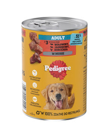 PEDIGREE Suaugusiųjų skardinė 400 g drėgnas maistas visaverčiam suaugusių šunų maistui su 3 rūšimis: jautiena, aviena ir vištiena, tyrėje