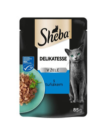 SHEBA Delicacy maišeliai 85g drėgnas visavertis maistas suaugusiems katėms gabaliukai su tunu želė