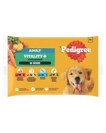PEDIGREE Adult Vitality+ su daržovėmis 4x85 g drėgno visaverčio ėdalo suaugusiems šunims su jautiena ir kepenimis, morkomis ir žirneliais, vištiena ir bulvėmis, žuvimi ir morkomis, paukštiena, morkomis ir žirneliais padaže