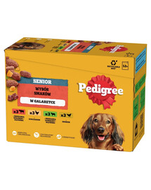 PEDIGREE Senior 12x100g drėgno visaverčio ėdalo suaugusiems šunims su jautienos ir kepenėlių mišiniu, vištiena, ėrienos ir kepenėlių mišiniu, paukštiena drebučiuose