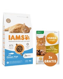 IAMS For Vitality Cat Senior Ocean Fish vyresniųjų kačių ėdalas 3 kg + 3 x vištiena ir kalakutiena padaže 85 g NEMOKAMAI