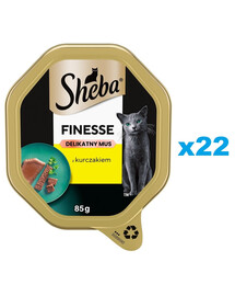 SHEBA Finesse 22 x 85 g dėžutė – visavertis šlapias pašaras su vištiena putėsiuose suaugusioms katėms