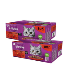 WHISKAS Adult maišeliai 160 x 85 g – Klasikiniai patiekalai Visavertis drėgnas pašaras suaugusiems katėms padaže: gabaliukai su jautiena, vištiena, ėriena ir paukštiena.