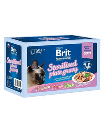 BRIT Premium by Nature Cat Delicate Fillets in Gravy Family Plate Sterilised 12x85 g Drėgnas pašaras padaže sterilizuotiems suaugusiems katėms (12 x 85 g) – švelnios filė skanėstų rinkinys.