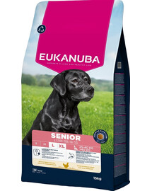 EUKANUBA Senior Large Breeds Chicken 15 kg sausas ėdalas didelių veislių vyresniems šunims, kuriame gausu šviežios vištienos