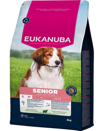EUKANUBA Senior Small Medium Breeds Lamb Rice 3 kg sausas ėdalas mažiems ir vidutinio dydžio vyresniems šunims, kuriame gausu ėrienos ir ryžių.