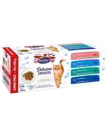 Delicious Dinners Cat Jumbo Pack Fish selection in Jelly 40x100 g kawałki w galaretce z łososiem, z pstrągiem, rybą oceaniczną i łupaczem dla kota