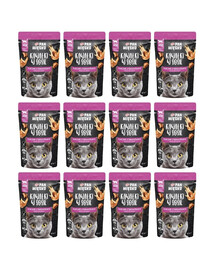 PAN MIŠKO Gabaliukai padaže Vištiena su krevetėmis drėgnas maistas katėms 12x85 g