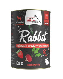 SYTA MICHA Chef Triušis su bulvėmis, braškėmis ir rozmarinu 400 g monoproteininė drėgna maistas šunims