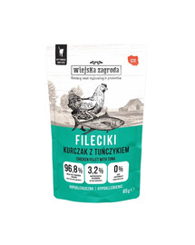 WIEJSKA ZAGRODA Skonių rinkinys: vištiena su tunu, vištiena su ėriena, kalakutiena ir vištiena – 8x85 g drėgnas kačių maistas