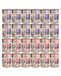 WIEJSKA ZAGRODA Mix skoniai Ėriena su kriliu ir vištiena su ančių mėsa 24x400g katėms