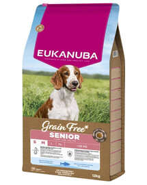 EUKANUBA Grain Free Senior Small Medium Ocean Fish 12 kg be grūdis maistas vyresniems mažų ir vidutinių veislių šunims su žuvimi