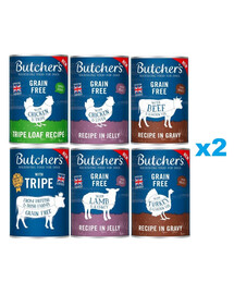 BUTCHER'S Original Mix smaków 12x400g w sosie (z wołowiną, z indykiem) w galaretce (z kurczakiem, z jagnięcina) pasztet (ze żwaczem, z kurczakiem i żwaczem)