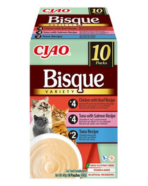 INABA Cat Ciao Bisque Variety 10x40g mišinys kreminės sriubos su tunu, jautiena ir vištiena katėms