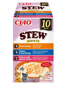 INABA Cat Ciao Stew Creamy Variety 10x40g mišinio skanėstų su vištiena, tunu ir lašiša kreminėje padaže
