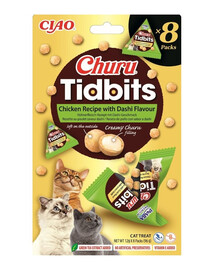 INABA Cat Churu Tidbits Chicken Recipe with Dashi Flavor 8x12g minkšti ir kreminiai skanėstai su vištienos ir dashi sultinio skonio katėms