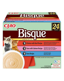 INABA Cat Ciao Bisque Variety 24x40g mišinys kreminės sriubos su tunu, jautiena ir vištiena katėms
