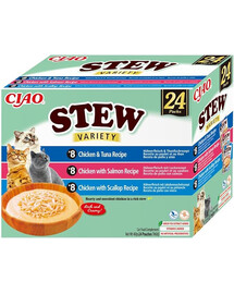 INABA Cat Ciao Stew Creamy Variety 24x40g mišinys skanėstų su vištiena, žuvimi ir šukutėmis kreminėje padaže