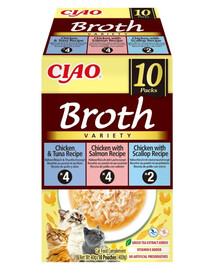 INABA Cat Ciao Broth Variety 10x40g mix sultinys su vištiena, žuvimi ir šukutėmis