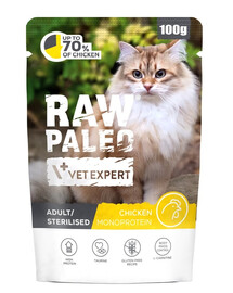 RAW PALEO Cat Adult Monoprotein Sterilised Chicken 100 g suaugusiems ir kastruotiems katėms su vištiena
