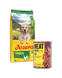 JOSERA YoungStar 12,5kg be grūdų šuniukų ėdalas + nemokama „Josera Meatlovers“ konservų skardinė su grynu jautienos mėsos 800 g