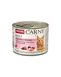 ANIMONDA Carny Adult su kalakutiena, vištiena ir krevetėmis 24 × 200 g – drėgno ėdalo rinkinys suaugusioms katėms