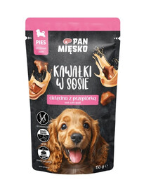 PAN MIĘSKO Gabaliukai padaže Veršiena su stručiu drėgnas maistas šuniukams 150g
