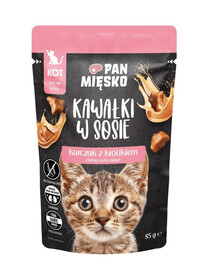 PAN MIĘSKO Gabaliukai padaže Vištiena su triušiu drėgnas maistas kačiukams 85g