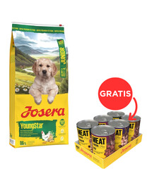 JOSERA YoungStar 12,5kg be grūdų šuniukų ėdalas + JOSERA Meat Lovers Pure Multipack 6x400g šlapias šunų ėdalas NEMOKAMAI