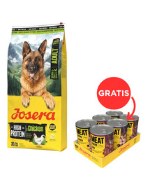 JOSERA High Protein Adult Chicken 12,5kg aukštos energetinės vertės ėdalas sportiniams šunims + JOSERA Meat Lovers Pure Multipack 6x400g šlapias šunų ėdalas NEMOKAMAI