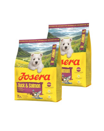 JOSERA Duck and Salmon Junior Mini 2x900g siekiant užtikrinti tinkamą mažų veislių šuniukų vystymąsi
