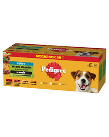 PEDIGREE Adult „Wybór Smaków“ su daržovėmis, 120x100 g maišeliai – visavertis šlapias maistas suaugusiems šunims: su jautienos ir ėrienos mišiniu, su jautienos ir kepenėlių mišiniu, su vištiena, su kalakutiena, padaže + 40 maišelių NEMOKAMAI