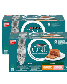 PURINA ONE Adult Terrine 8x85g su vištiena ir morkomis bei su lašiša ir morkomis, drėgnas maistas katėms