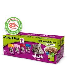 WHISKAS Adult 4 x 40x85g Žuvies ir Tradiciniai skoniai drėgnas maistas katėms želė (su vištiena, su lašiša, su jautiena, su tunu) 3+1 DOVANA