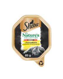 SHEBA Nature’s Collection dėžutės 22 x 85 g, visavertis šlapias pašaras suaugusioms katėms – gabalėliai su vištiena padaže.