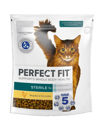 PERFECT FIT Sterile 1+ 6 x 750 g visavertis sausas pašaras suaugusioms katėms, turintis daug vištienos, 4+2 GRATIS.