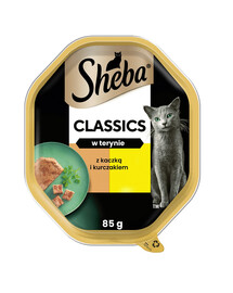 SHEBA Classics dėžutė 22 x 85 g drėgnas maistas visaverčiam suaugusiems katėms su antis ir vištiena terinoje