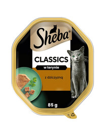 SHEBA Classics dėžutės 44 x 85 g, visavertis šlapias pašaras suaugusioms katėms su žvėriena (terinoje), 22+22 GRATIS.