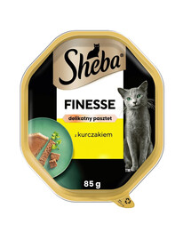 SHEBA Finesse dėžutės 44 x 85 g, visavertis šlapias pašaras suaugusioms katėms su vištiena (muse), 22+22 GRATIS.