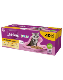 WHISKAS Junior „Poultry Feast“ 4 x 40 x 85 g drėgnas ėdalas su vištiena, antiena, paukštiena ir kalakutiena drebučiuose kačiukams nuo 3 metų NEMOKAMAI