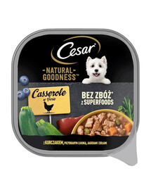 CESAR„Natural Goodness“ dėklas 28 x 100 g visavertis šlapias ėdalas suaugusiems šunims su vištiena, pagardintas cukinijomis, mėlynėmis ir žolelėmis padaže. 14+14 NEMOKAMAI