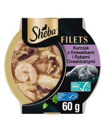 SHEBA Filets su vištiena, vandenyno žuvimis ir krevetėmis padaže, 16 x 60 g, šlapias pašaras katėms, 8+8 GRATIS.