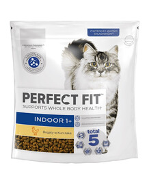 PERFECT FIT Indoor 1+ 4 x 750 g Visavertis sausas ėdalas suaugusioms katėms, gausus vištienos, 3+1 NEMOKAMAI