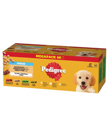 PEDIGREE Junior Skonių Pasirinkimas su ryžiais maišeliai 4 x 40x100 g šlapias maistas visaverčiam maitinimui šuniukams gabalėliai želė 3+1 DOVANA