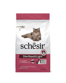 SCHESIR Original Sterilized and Light 1,5 kg kumpio skonio sausas maistas katėms po sterilizacijos, lengvai virškinamas