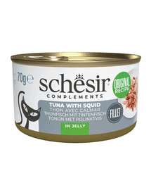 SCHESIR Complements Tunas su kalmarais želatinoje – 70 g papildomas šlapias maistas katėms